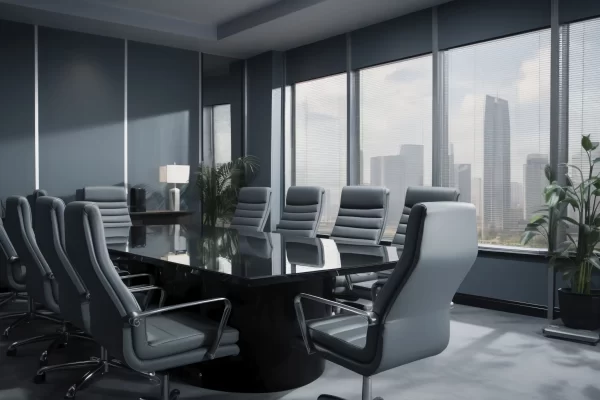 grey conference room with glass table