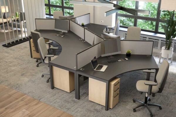 modern open office setup and curved desks with partition panels by vlite furniture