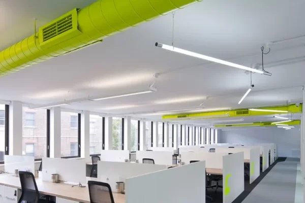 office workspace interior design in white and green colour