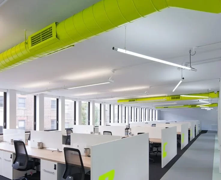 office workspace interior design in white and green colour