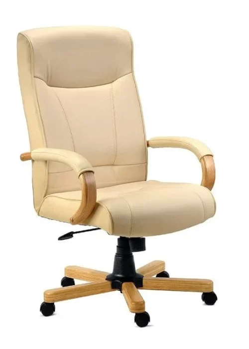 cream leather office chair with wooden armrests and base by vlite furniture