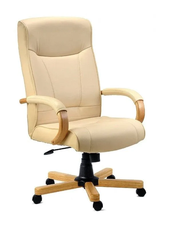 cream leather office chair with wooden armrests and base by vlite furniture