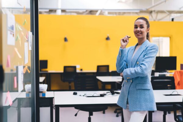 Yellow color wall workspace in offce