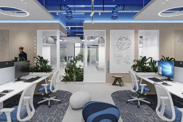 Blue and white color theme office space