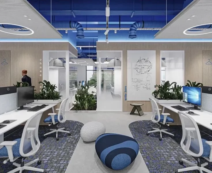 Blue and white color theme office space