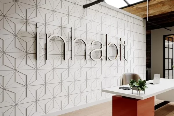 Company logo on wooden designed wall