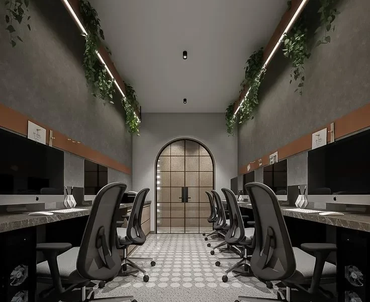 Grey color and low light themed office