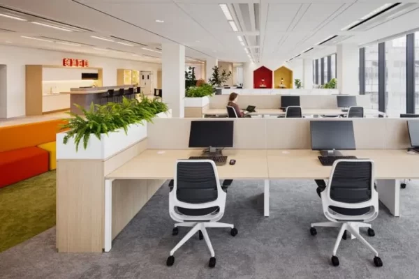 Grey color flooring and bright tone office desk