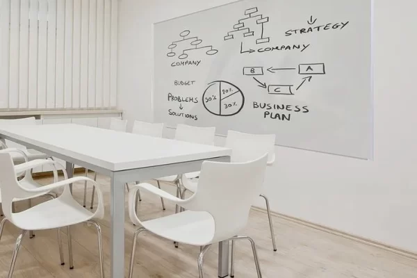 Meeting room with white board on wall