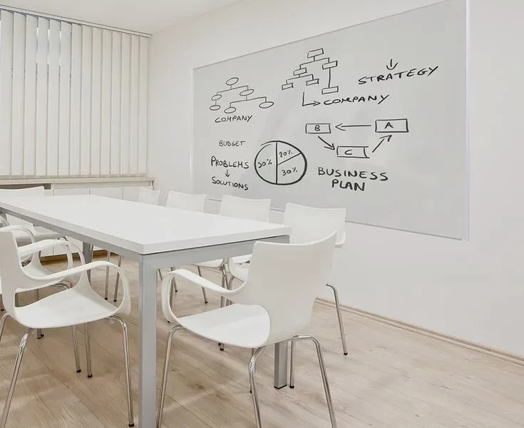 Meeting room with white board on wall