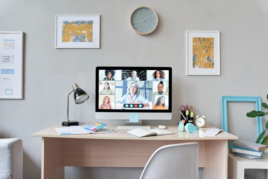 Monitor and study lamp on desk