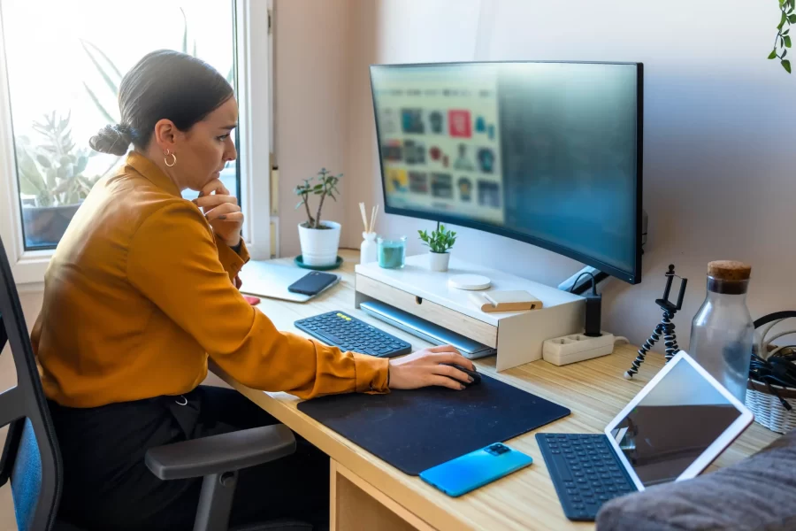 Monitor, small plant on desk