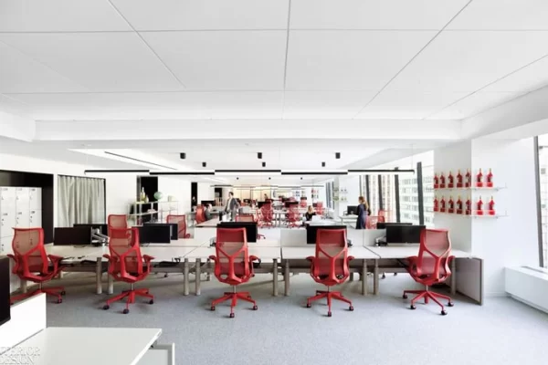 Red color chairs in office