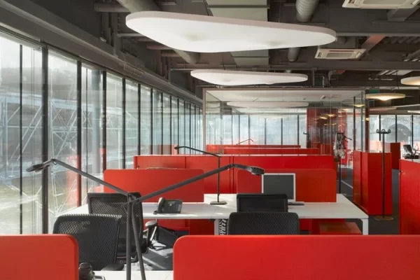 Red color office desk partition