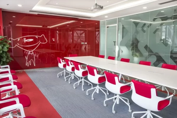 Red color office themed with white and red chairs