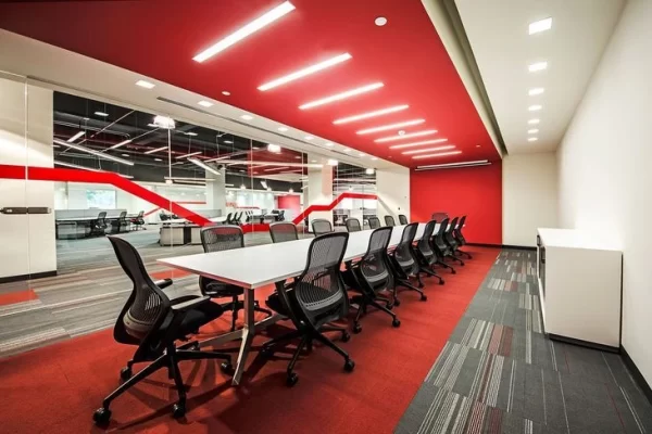 Red color themed conference room