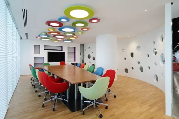 Vibrant color office charis and ceiling lights