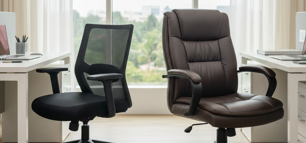 Mesh and leather office chairs for modern Indian workspaces by Vlite Furnitech