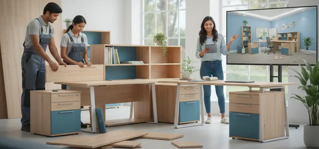 Modular office furniture setup for a modern workspace in India by Vlite Furnitech