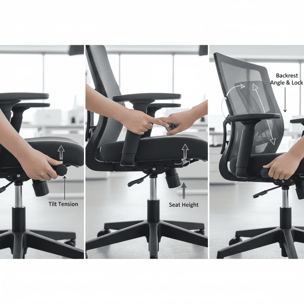 Office chair adjustment controls showing knob, hydraulic lever, and recline mechanism for ergonomic seating